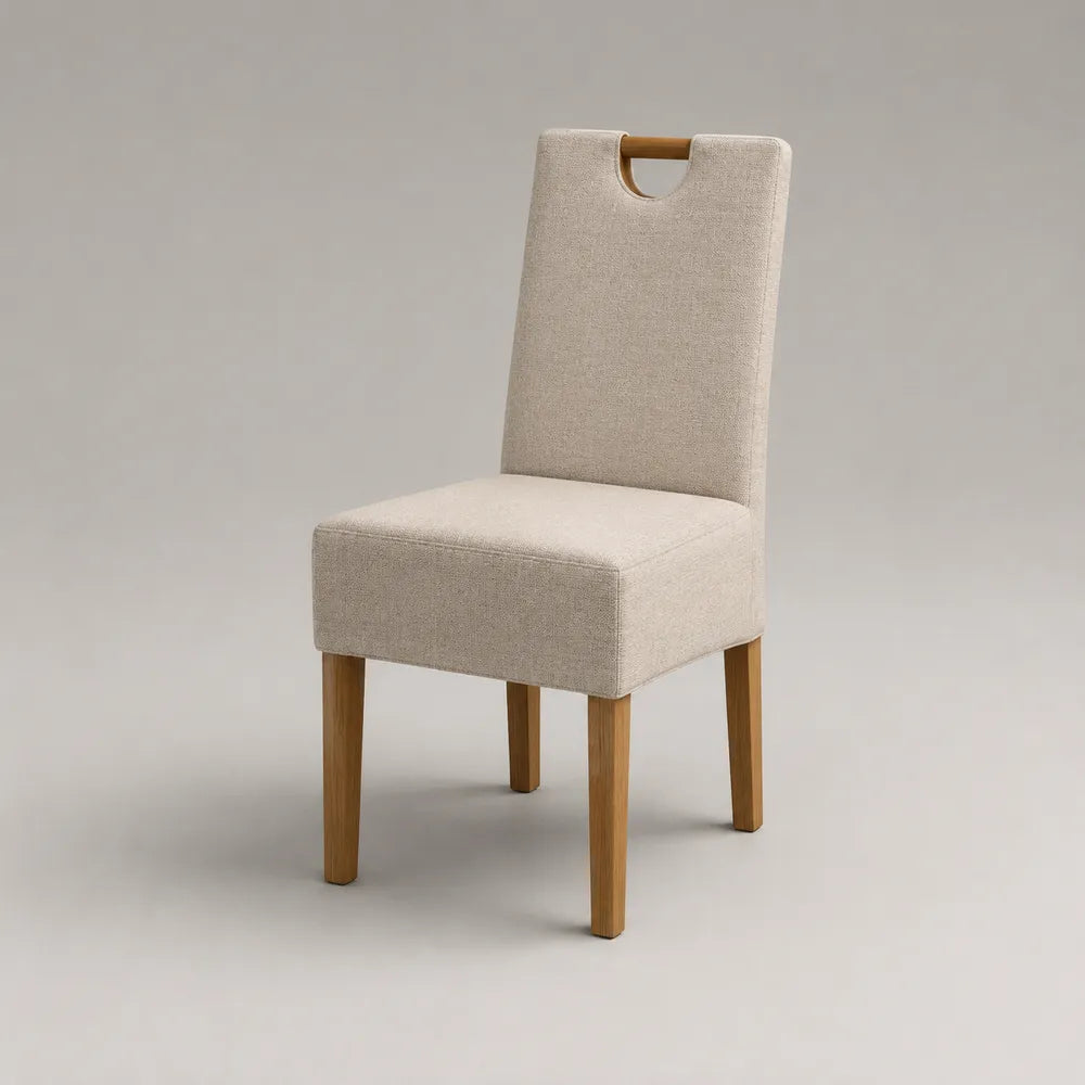 Chaise de salle à manger dossier avec poignée tissu polyester structure bois pieds bois naturel beige 50 x 55 x 85 cm