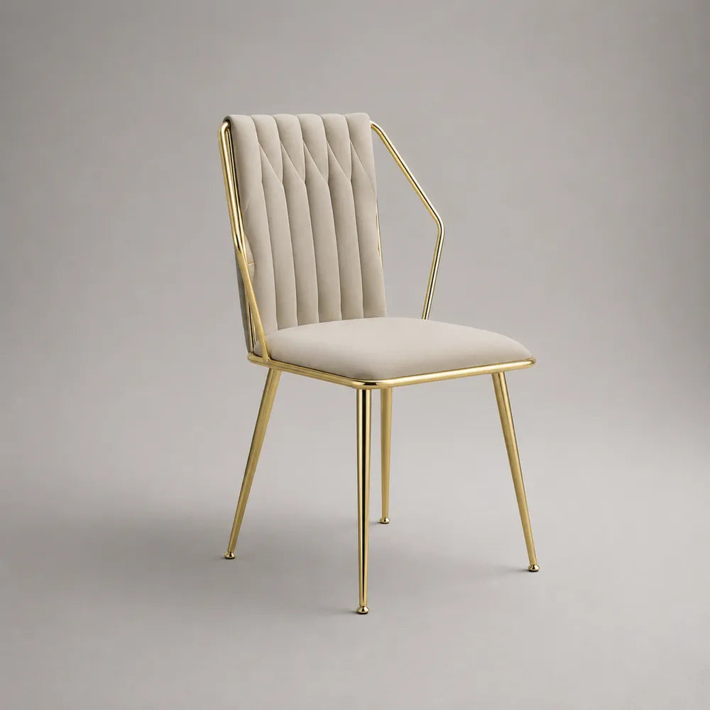 Chaise de salle à manger coque rembourrée tissu polyester pieds en acier finition dorée dossier capitonné beige 55 x 58 x 82 cm