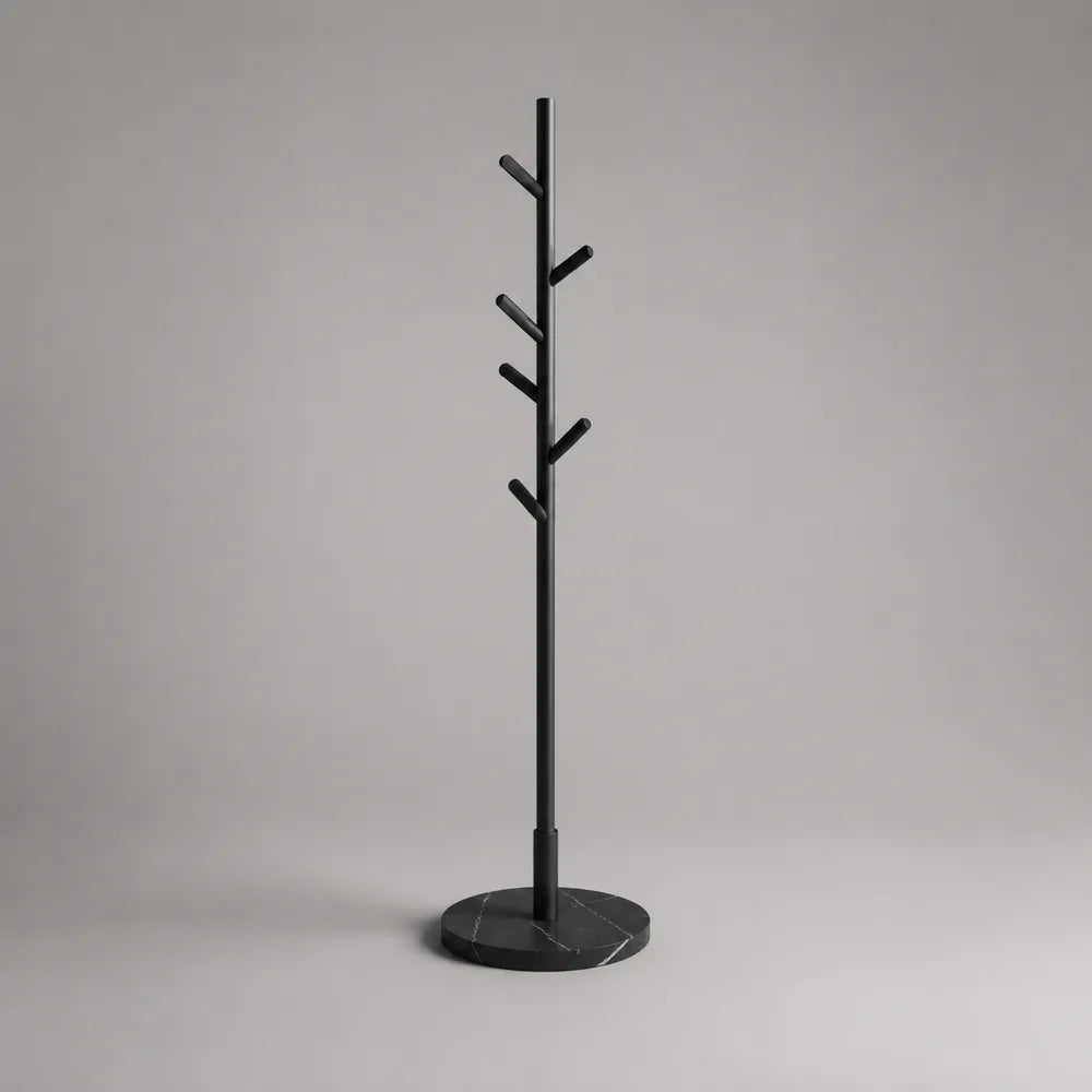 Portemanteau sur pied 5 patères métal noir base ronde effet marbre 32 cm x 32 cm x 175 cm