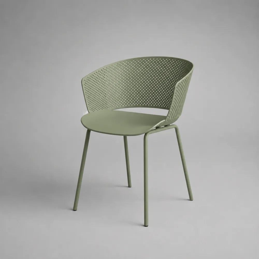 Chaise de salle à manger en polypropylène ajouré vert structure plastique pieds acier thermolaqué 55 cm 55 cm 80 cm