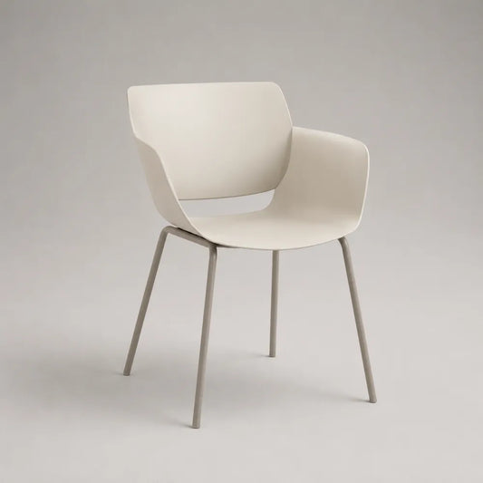 Chaise de salle à manger coque en polypropylène blanc cassé avec accoudoirs pieds en acier thermolaqué gris clair 55 cm 55 cm 80 cm