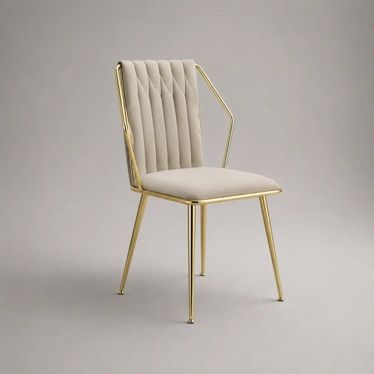 Chaise de salle à manger coque rembourrée tissu polyester pieds en acier finition dorée dossier capitonné beige 55 x 58 x 82 cm