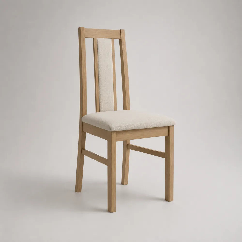 Chaise de salle à manger bois massif chêne clair assise rembourrée tissu beige dossier bois 45 cm 52 cm 85 cm