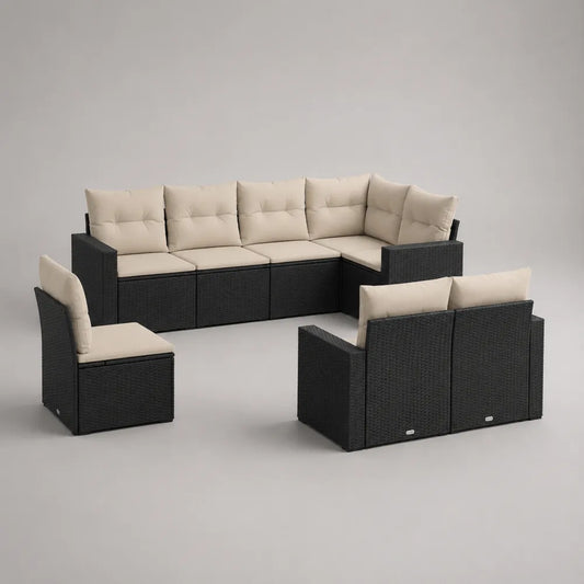 Salon de jardin modulable résine tressée noire canapé d’angle avec fauteuils et coussins beige structure aluminium
