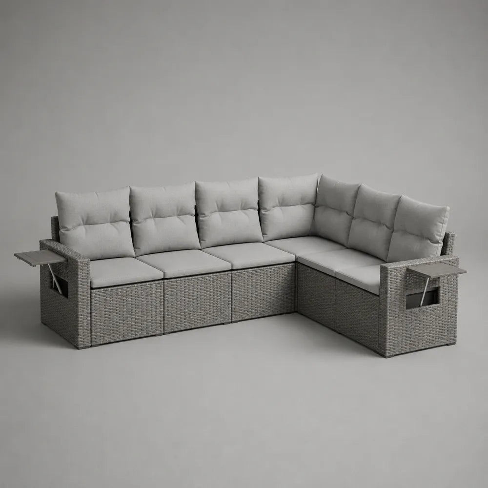 Canapé de jardin d angle en résine tressée PE gris aluminium 5 places avec tables d appoint intégrées