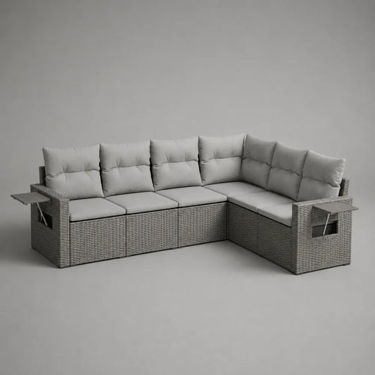 Canapé de jardin d angle en résine tressée PE gris aluminium 5 places avec tables d appoint intégrées