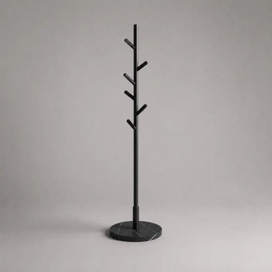 Portemanteau sur pied 5 patères métal noir base ronde effet marbre 32 cm x 32 cm x 175 cm