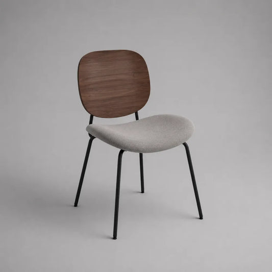 Chaise de salle à manger dossier bois rembourré tissu gris pieds acier noir 48 cm 54 cm 80 cm
